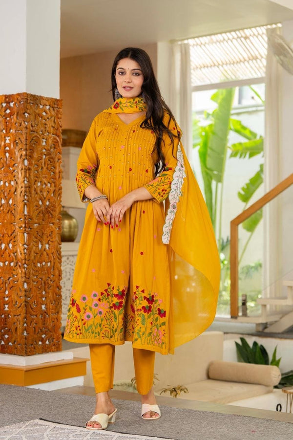 Mustard Floral Embroidered Anarkali Kurta Set with Dupatta