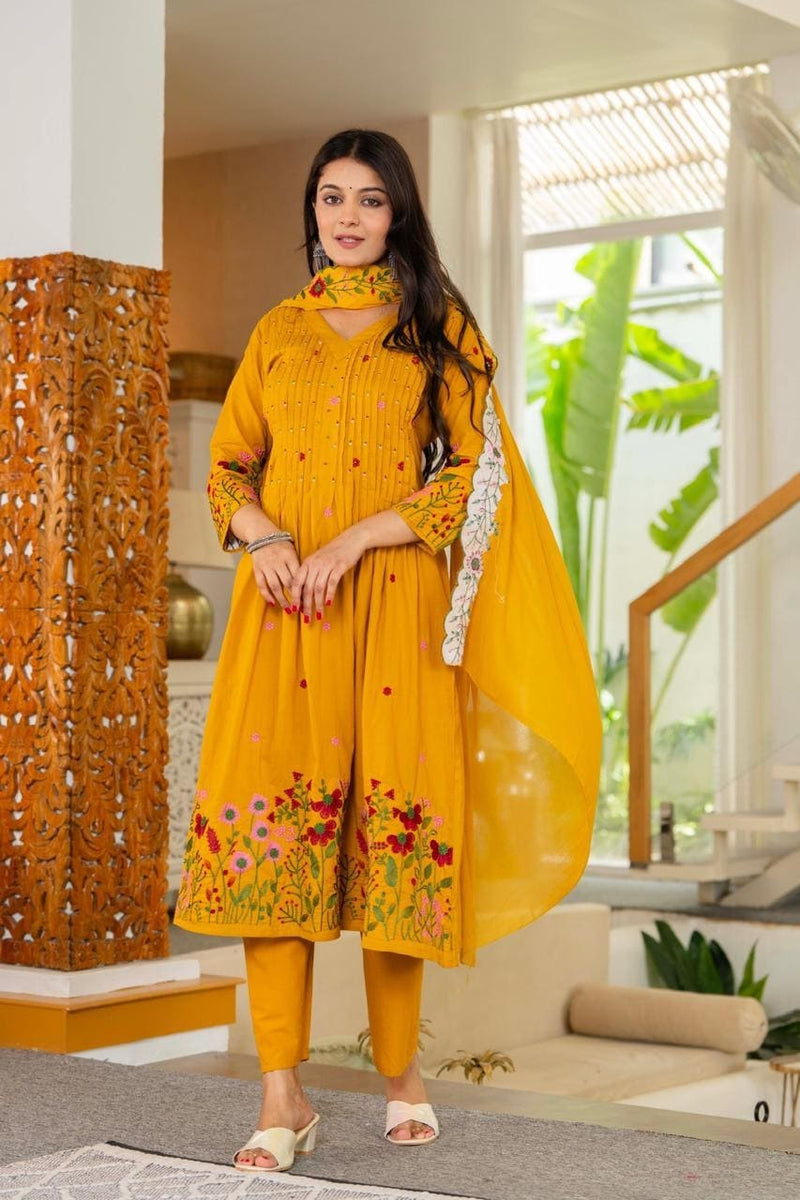 Mustard Floral Embroidered Anarkali Kurta Set with Dupatta