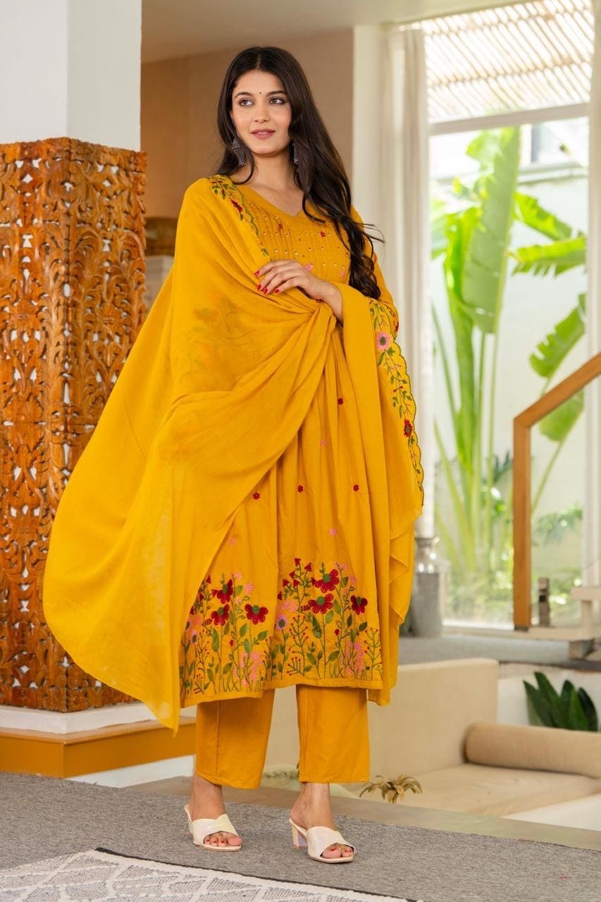 Mustard Floral Embroidered Anarkali Kurta Set with Dupatta
