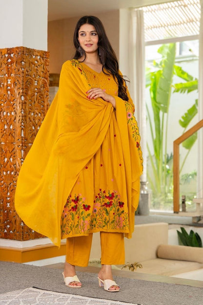 Mustard Floral Embroidered Anarkali Kurta Set with Dupatta
