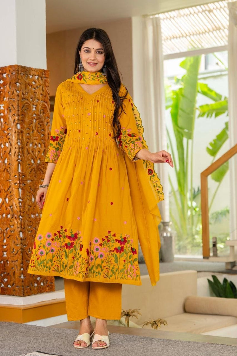 Mustard Floral Embroidered Anarkali Kurta Set with Dupatta