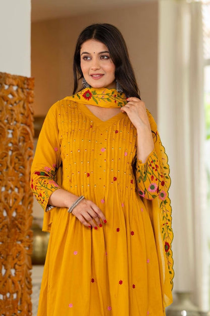 Mustard Floral Embroidered Anarkali Kurta Set with Dupatta