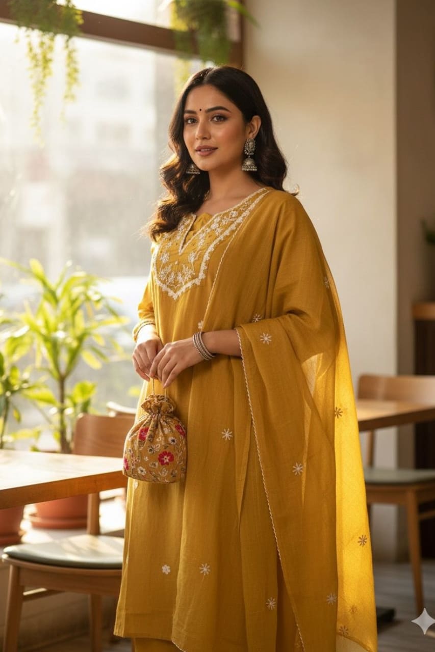 Mustard Yellow Embroidered Cotton Kurta Set with Dupatta
