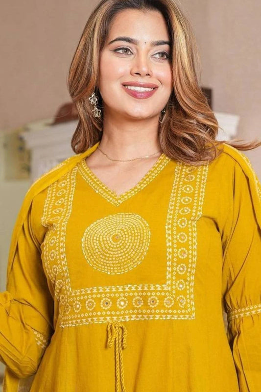 Mustard Yellow Printed Kurti Set