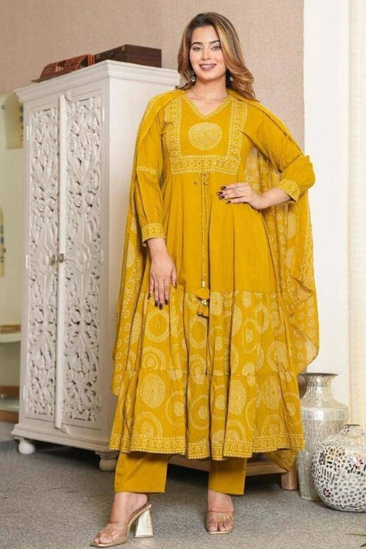 Mustard Yellow Printed Kurti Set