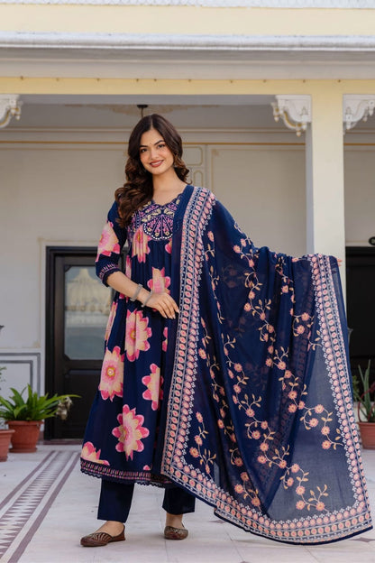 Navy Floral Printed Anarkali Suit Set With Dupatta
