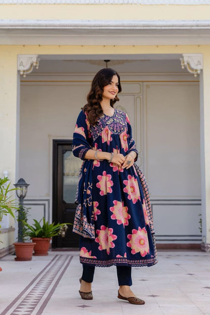 Navy Floral Printed Anarkali Suit Set With Dupatta