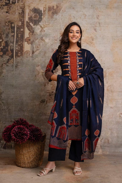 Navy Rust Ethnic Printed Kurti Pant Suit Set Design