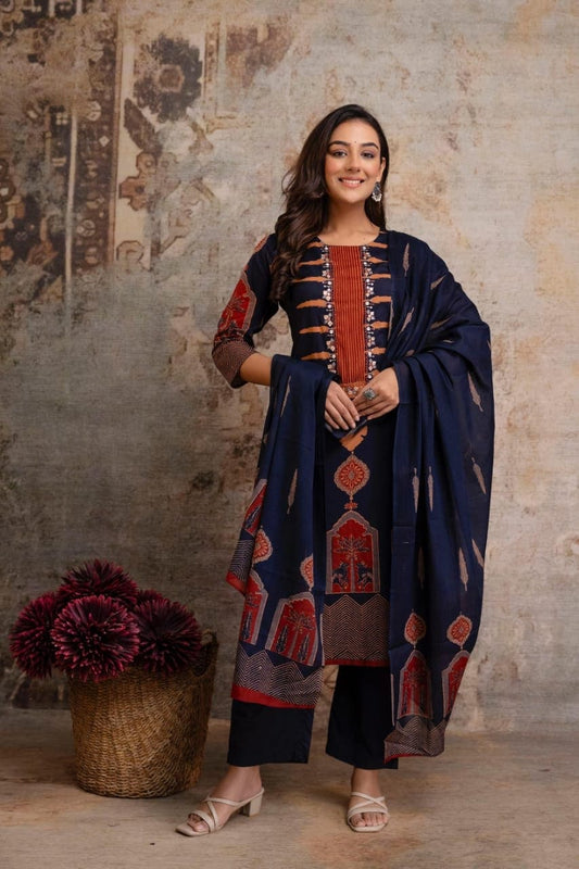 Navy Rust Ethnic Printed Kurti Pant Suit Set Design