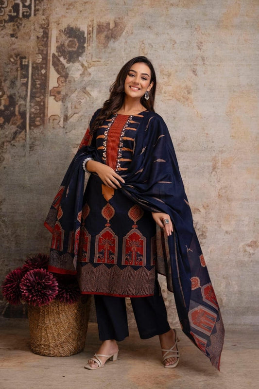 Navy Rust Ethnic Printed Kurti Pant Suit Set Design