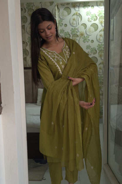 Olive Floral Embroidered Kurti Pant Suit Set With Dupatta