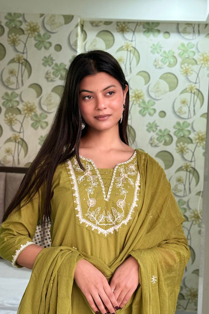 Olive Floral Embroidered Kurti Pant Suit Set With Dupatta
