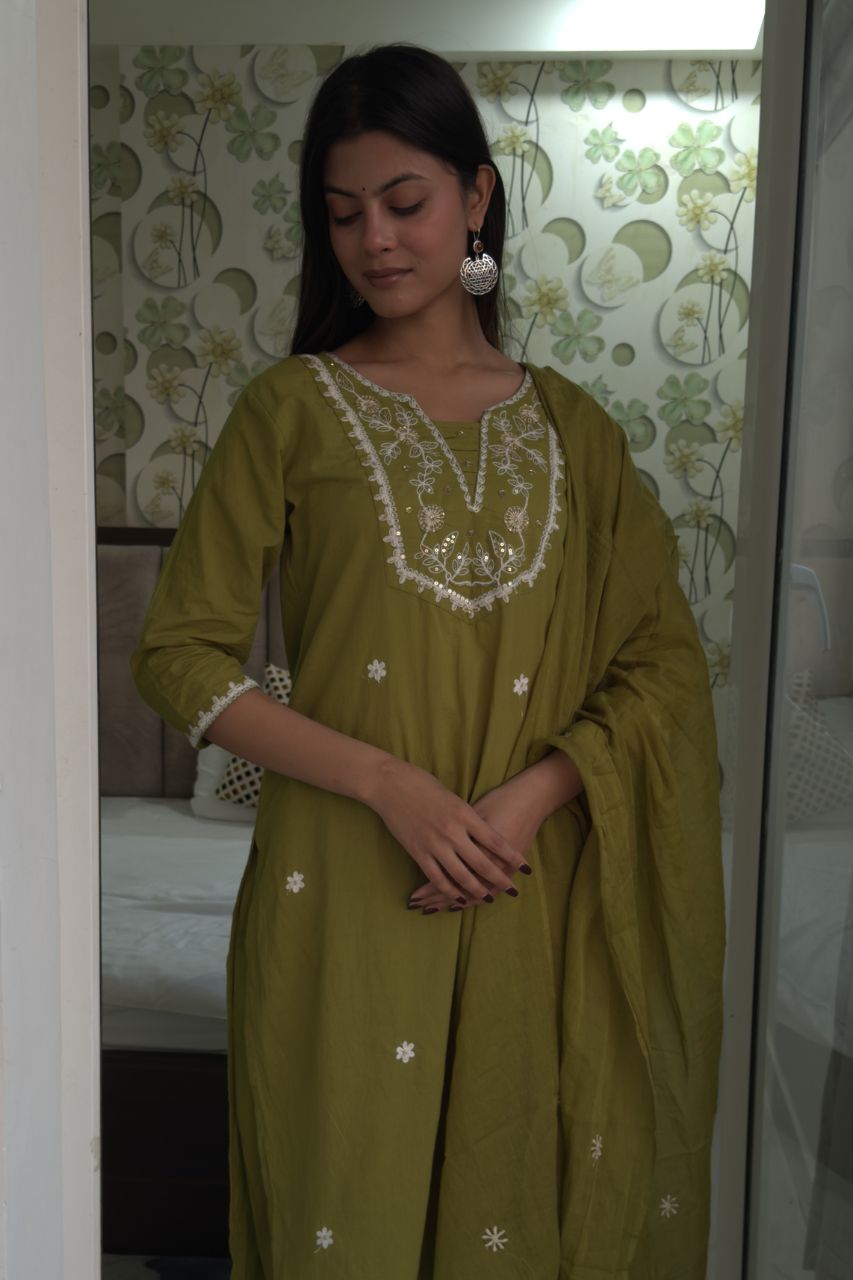 Olive Floral Embroidered Kurti Pant Suit Set With Dupatta