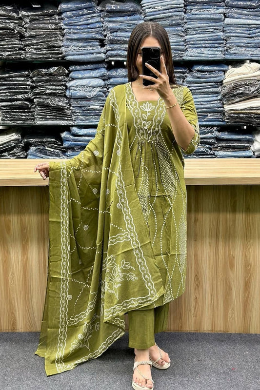 Olive Green Bandhani Cotton Kurta Pant Dupatta Set Ethnic