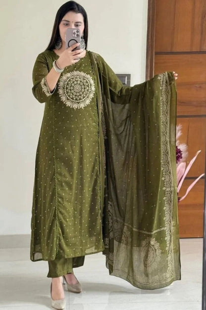 Olive Green Embroidered Suit Set