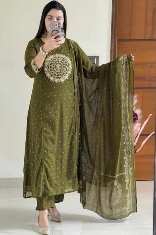 Olive Green Embroidered Suit Set