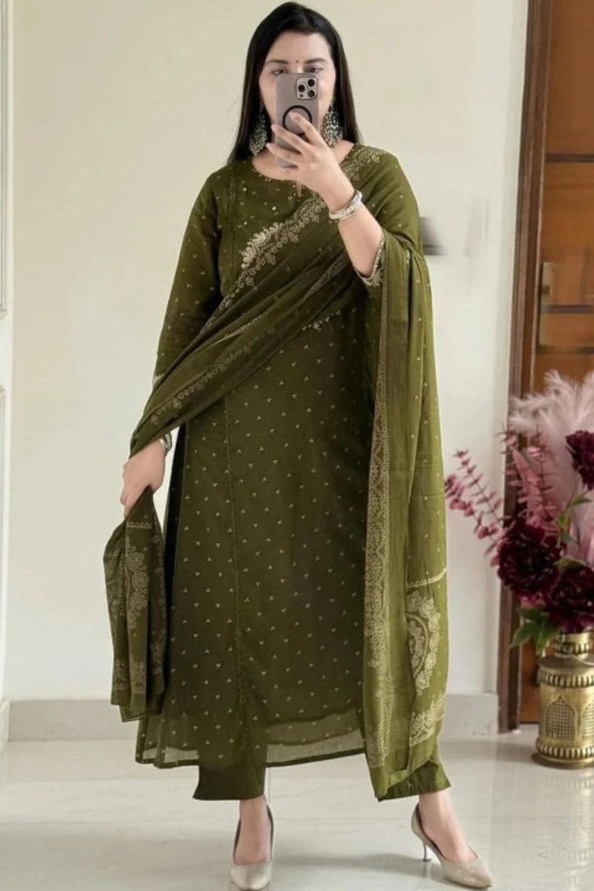 Olive Green Embroidered Suit Set