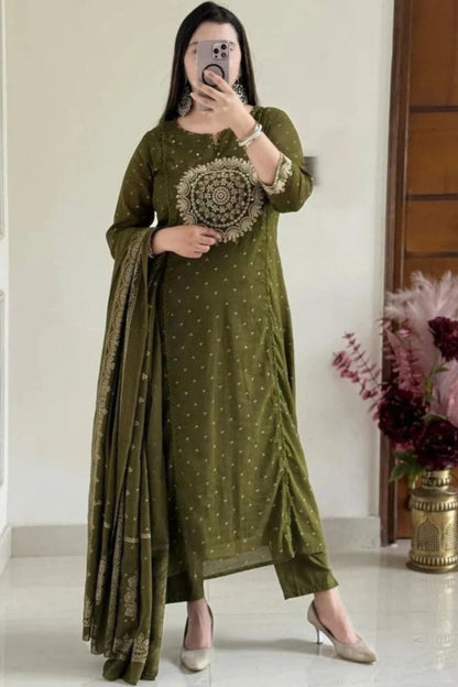 Olive Green Embroidered Suit Set