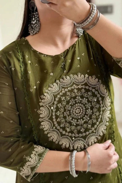 Olive Green Embroidered Suit Set