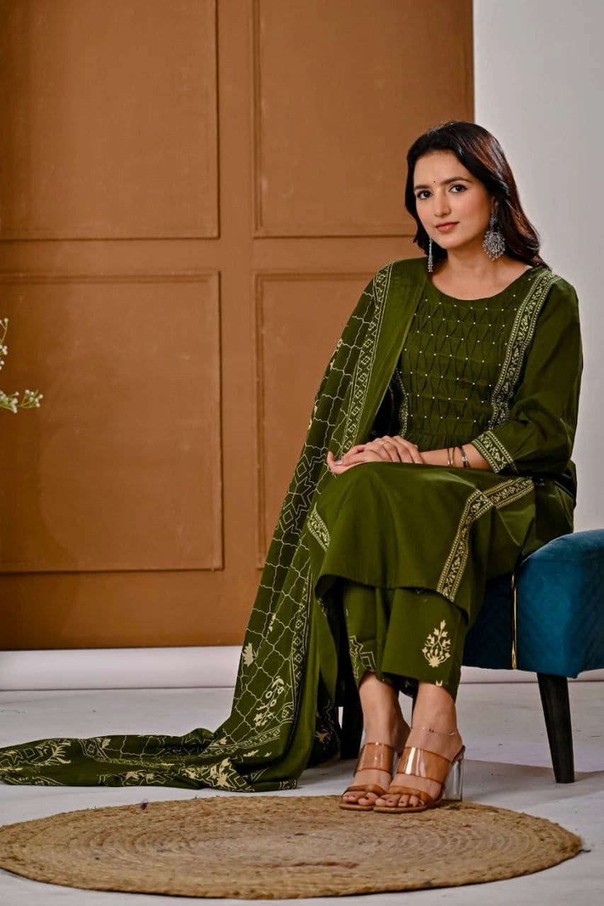 Olive Green Ethnic Kurti Set