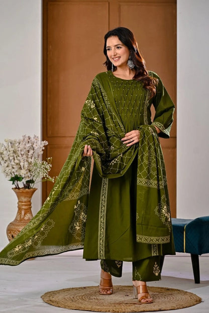 Olive Green Ethnic Kurti Set