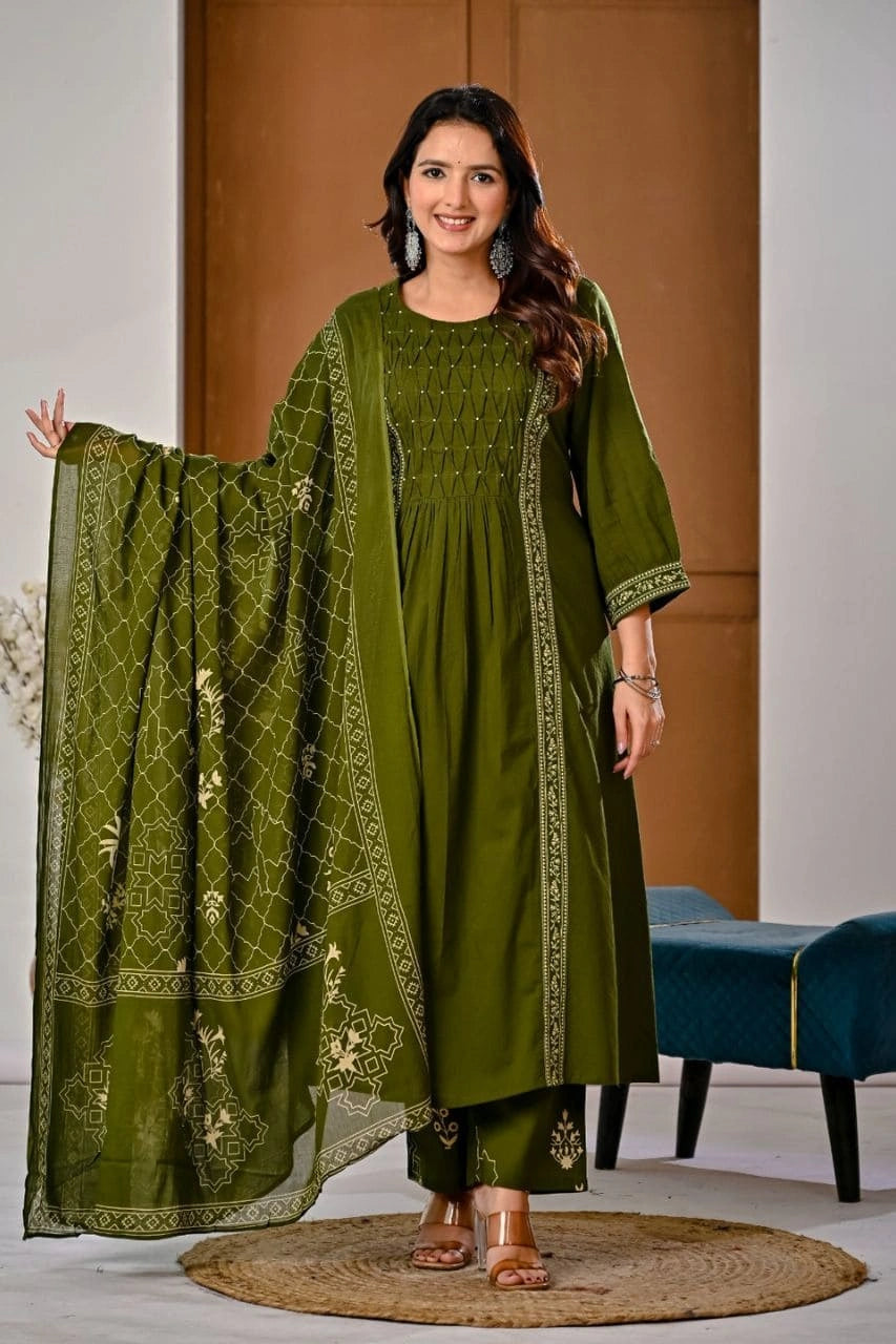 Olive Green Ethnic Kurti Set