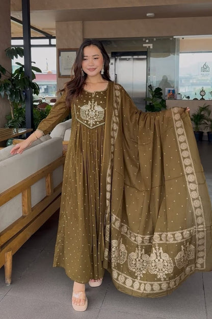 Olive Heritage Embroidered Anarkali Kurta Set with Dupatta