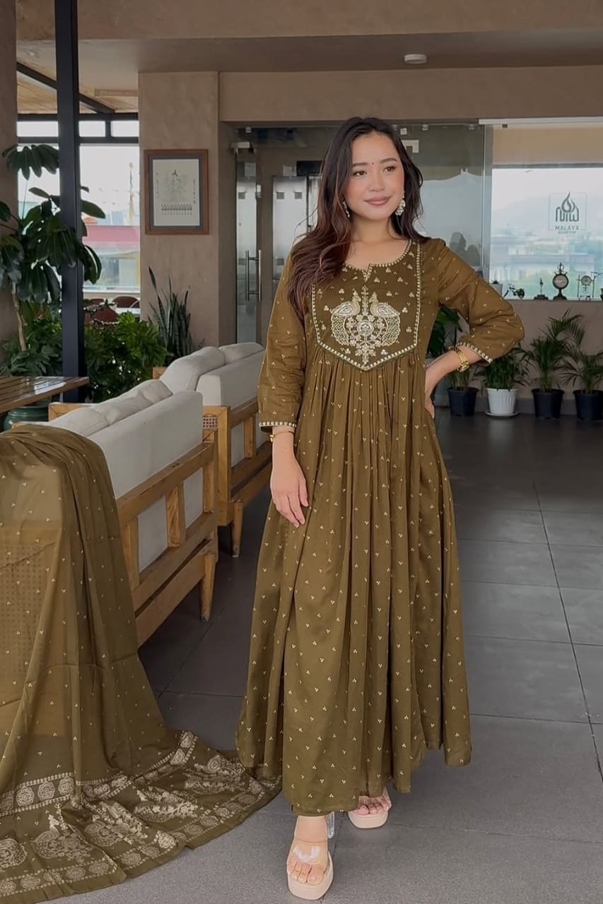 Olive Heritage Embroidered Anarkali Kurta Set with Dupatta