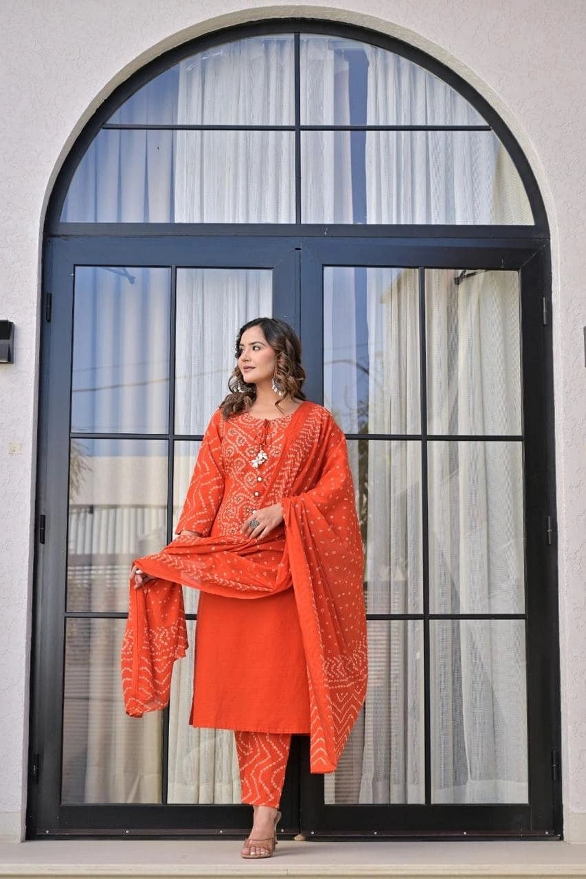 Orange Printed Ethnic Kurti Set