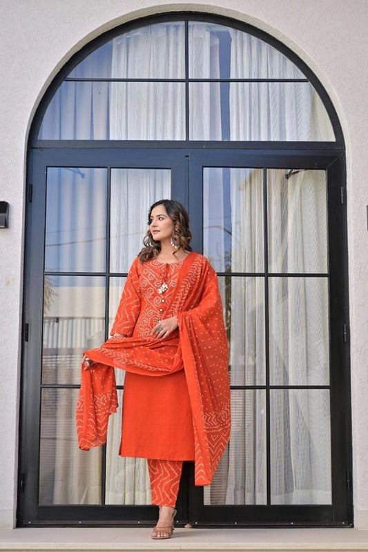 Orange Printed Ethnic Kurti Set