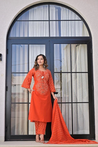 Orange Printed Ethnic Kurti Set