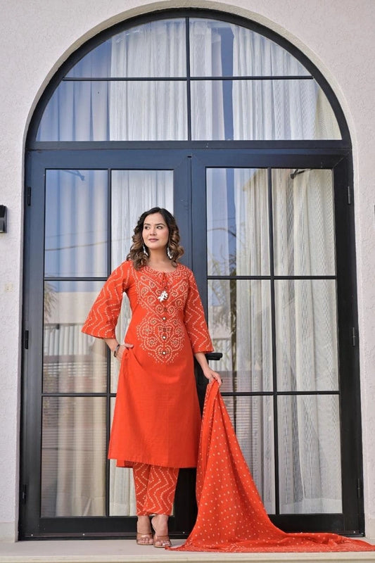 Orange Printed Ethnic Kurti Set