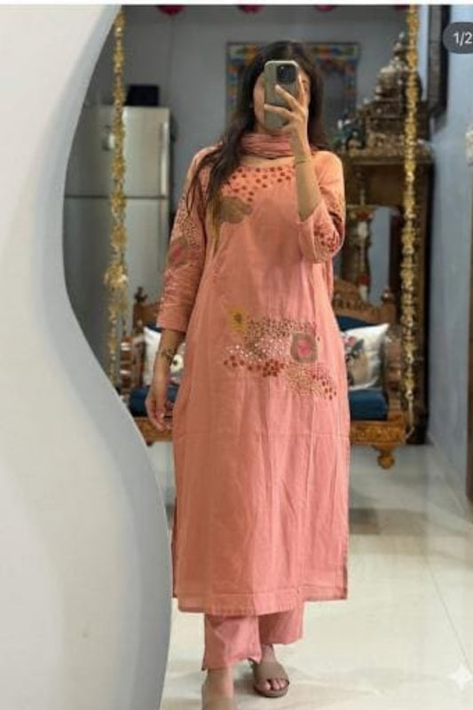 Peach Cotton Floral Embroidered Kurta Pant Set with Dupatta