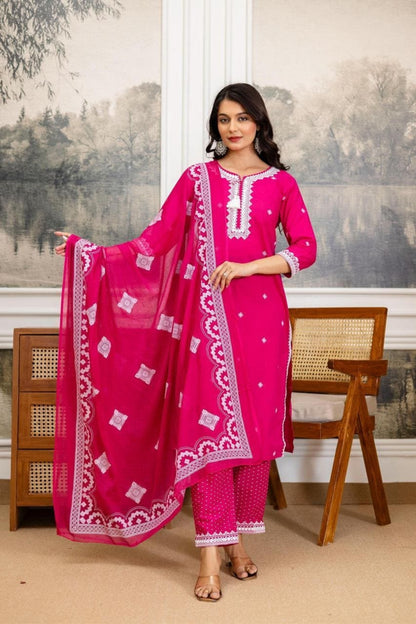 Pink Embroidered Cotton Kurta Set with Border Dupatta