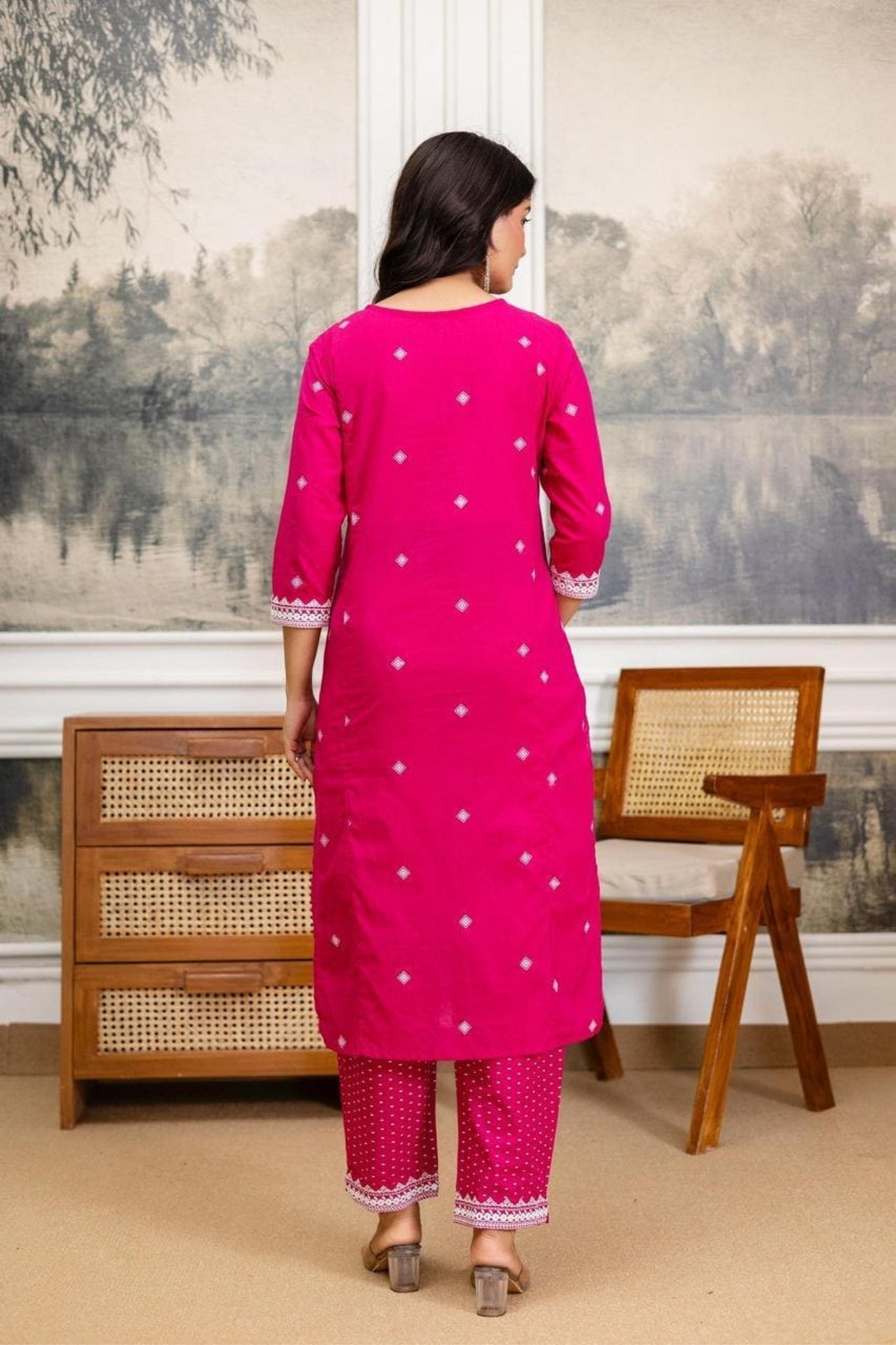 Pink Embroidered Cotton Kurta Set with Border Dupatta