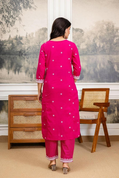 Pink Embroidered Cotton Kurta Set with Border Dupatta