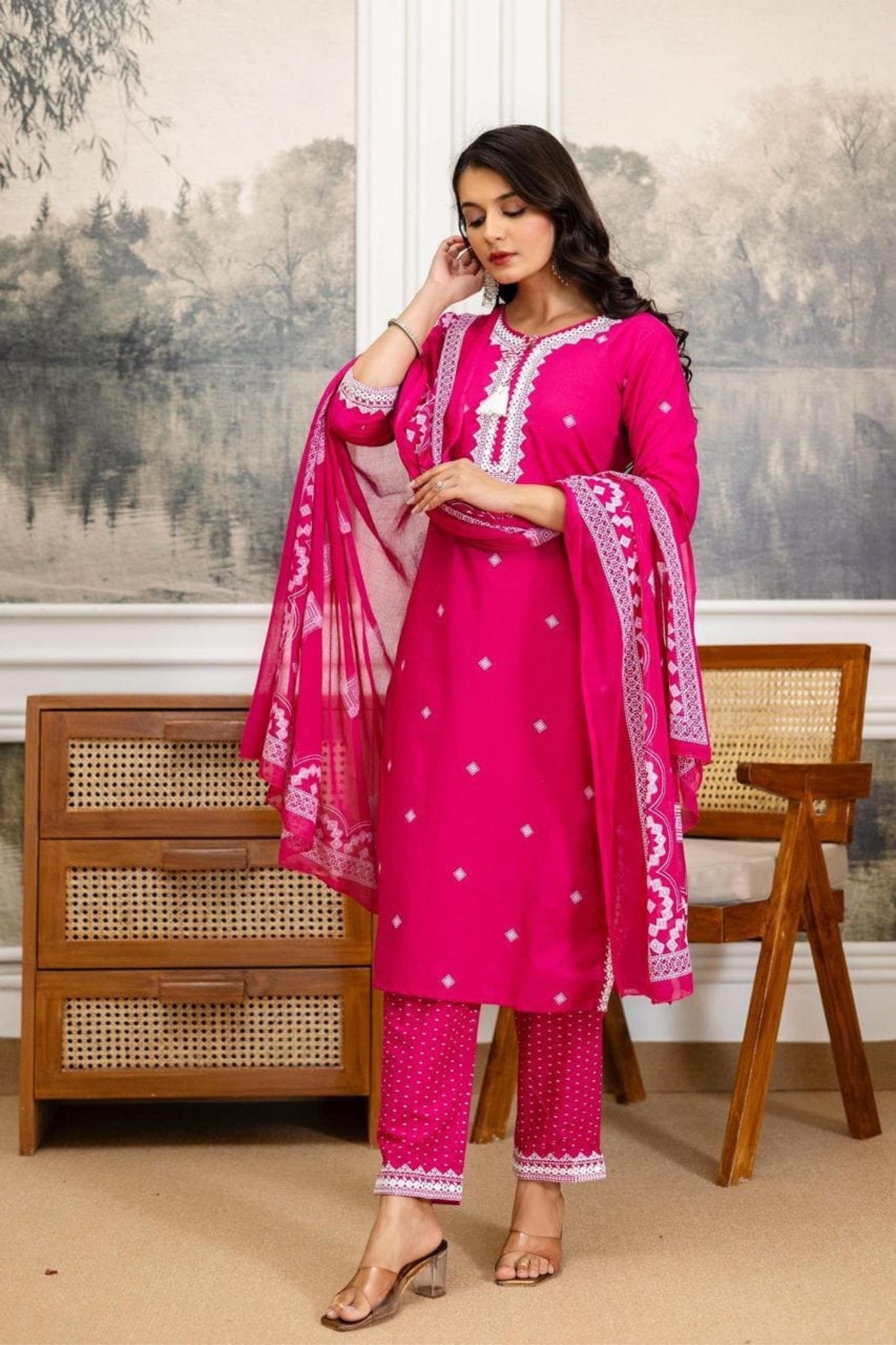 Pink Embroidered Cotton Kurta Set with Border Dupatta