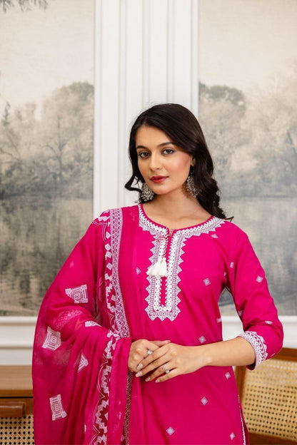 Pink Embroidered Cotton Kurta Set with Border Dupatta