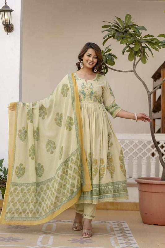 Pista Green Floral Block Print Cotton Kurta Set & Dupatta