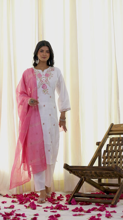 White Roman Silk Embroidered Kurti Set – 3 Piece Festive Suit with Pink Dupatta