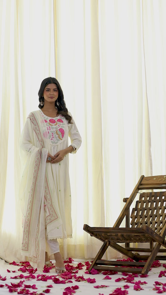 Blossom Aura – White Floral Embroidered Straight Kurta Salwar Suit with white Dupatta
