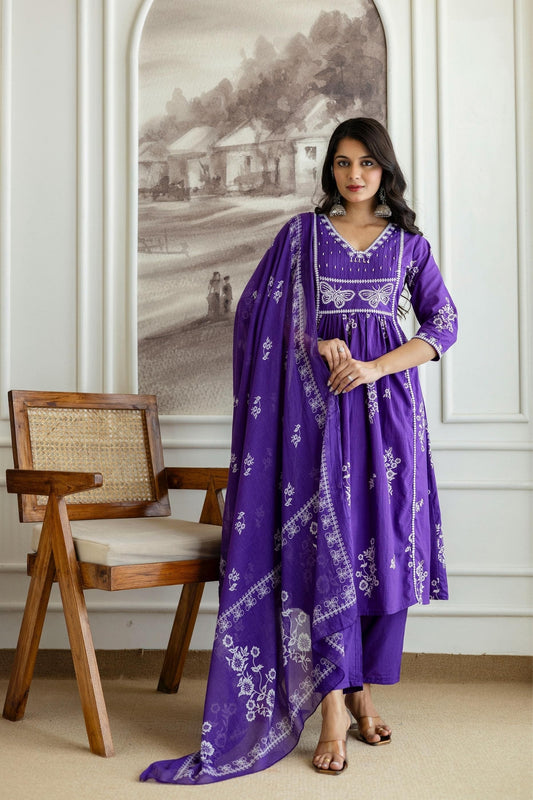 Purple Chikankari Kurta Set with Dupatta and Embroidery