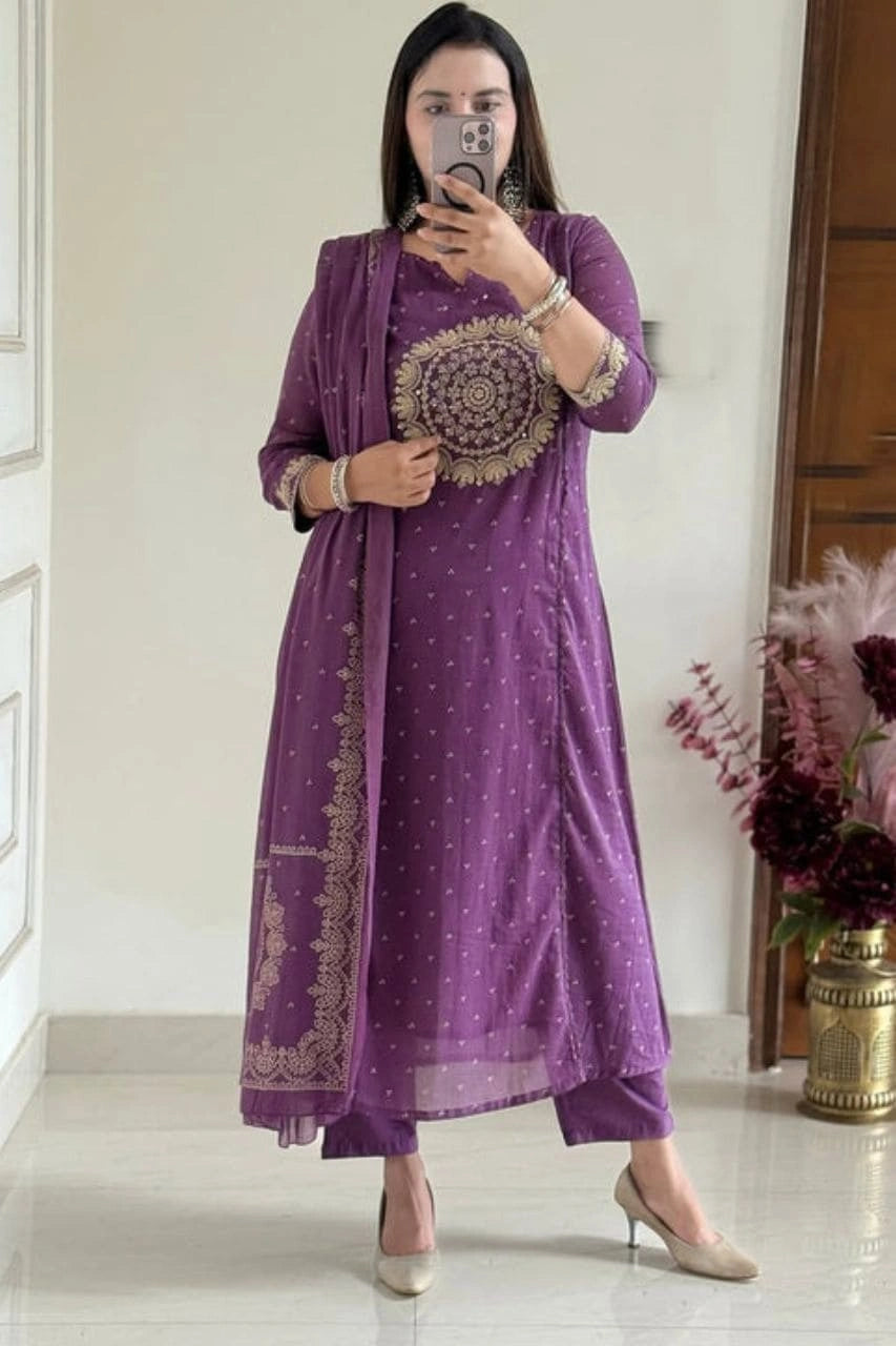Purple Embroidered Ethnic Kurti Set