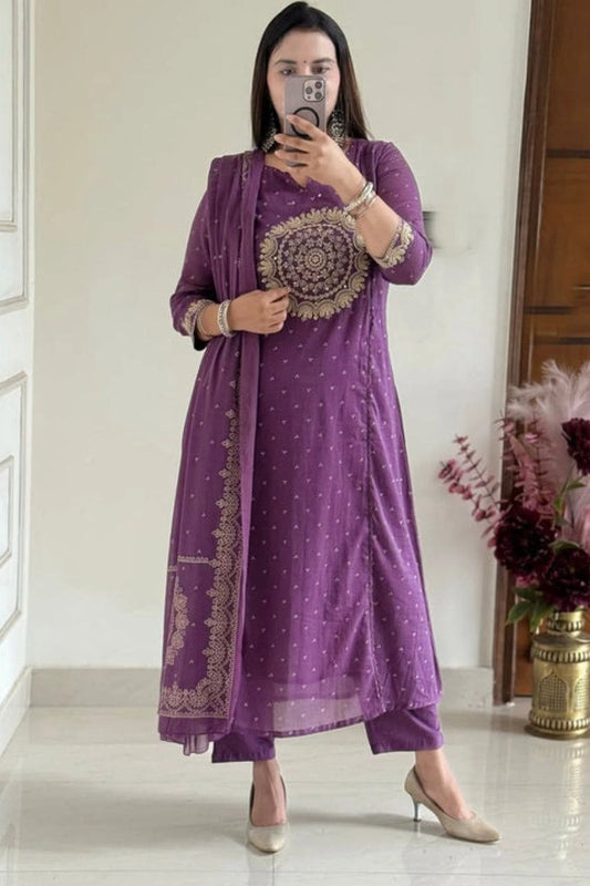 Purple Embroidered Ethnic Kurti Set