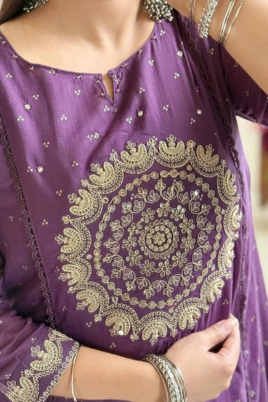 Purple Embroidered Ethnic Kurti Set