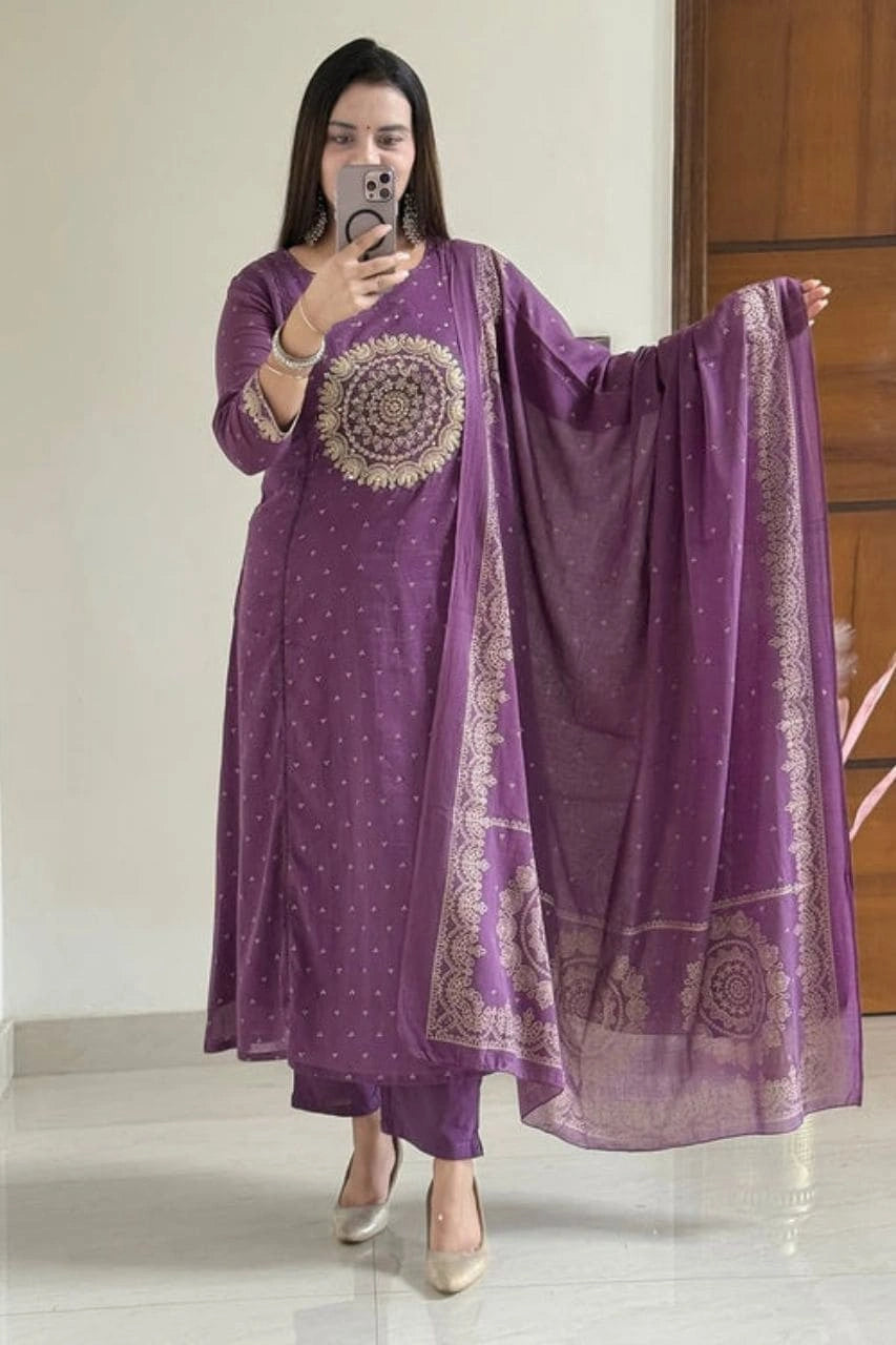 Purple Embroidered Ethnic Kurti Set