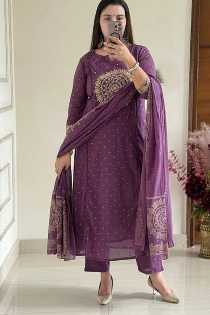 Purple Embroidered Ethnic Kurti Set