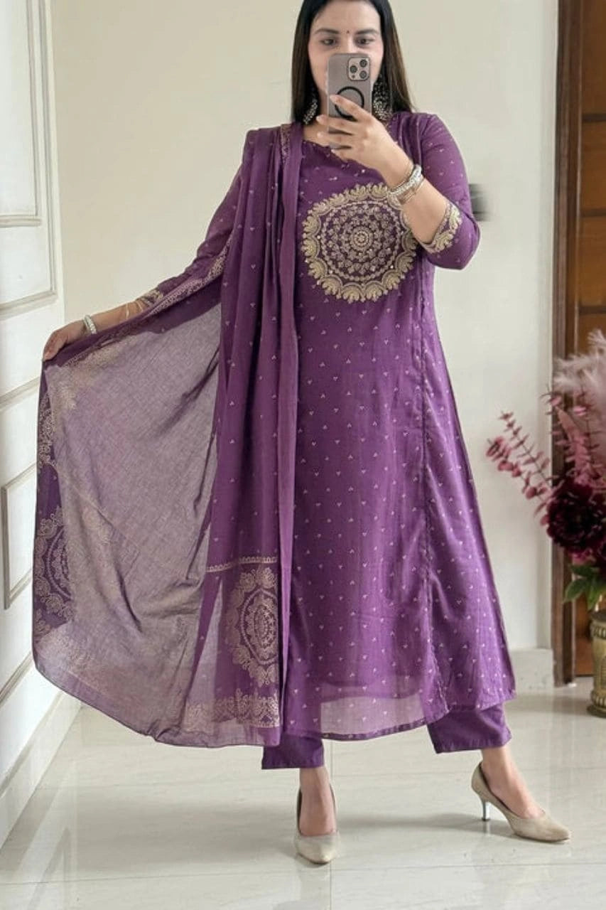 Purple Embroidered Ethnic Kurti Set