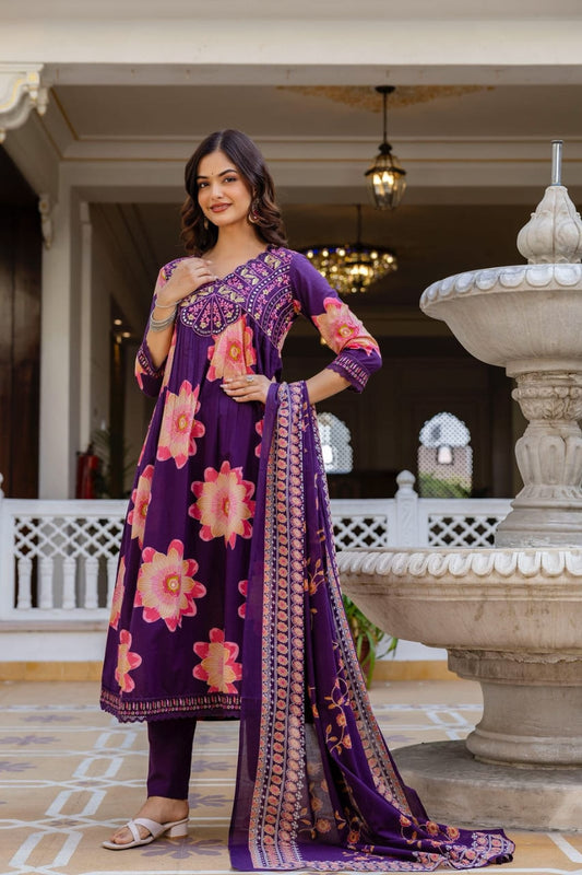 Purple Floral Printed Anarkali Suit Set With Dupatta