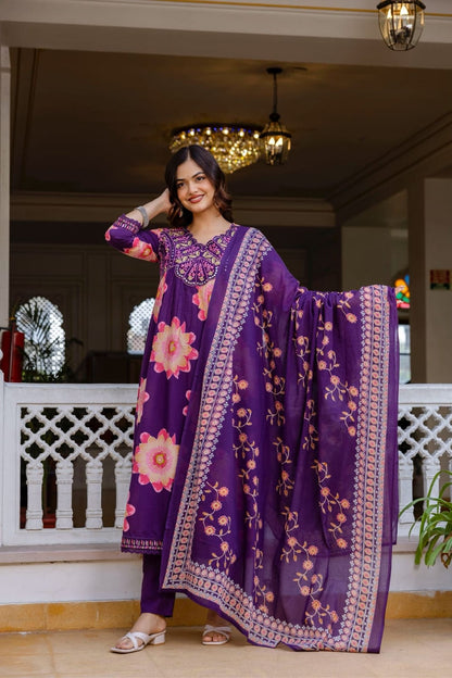 Purple Floral Printed Anarkali Suit Set With Dupatta